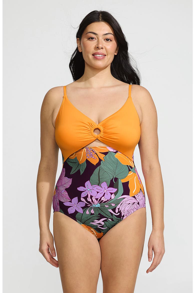O-Ring Monokini One Piece Swimsuit, Main, color, Dark Wine Floral Bloom/Mango