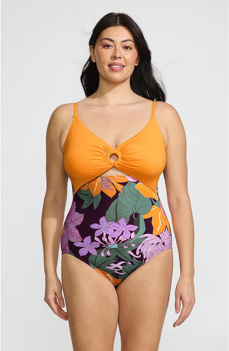 Lands' End Plus Size O-Ring Monokini One Piece Swimsuit, Main, color, Dark Wine Floral Bloom/Mango
