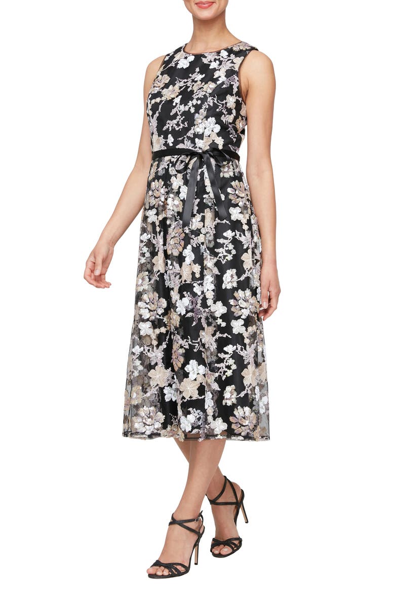 Floral Embroidered Tie Waist Midi Dress, Main, color, BLACK MULTI