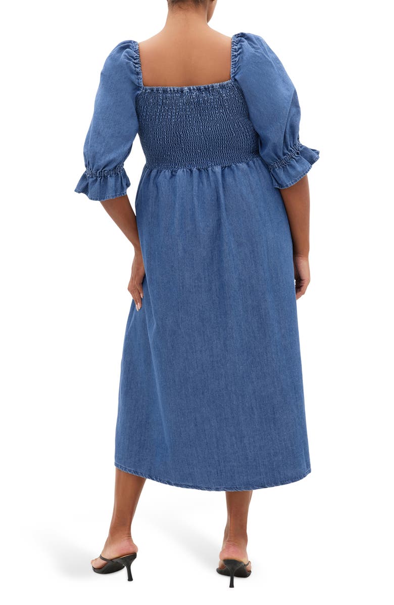 City Chic Kaitlyn Smocked Denim Dress, Alternate, color, Mid Wash