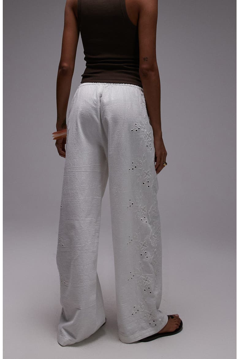 Eyelet Embroidered Wide Leg Cotton & Linen Drawstring Pants, Alternate, color, WHITE