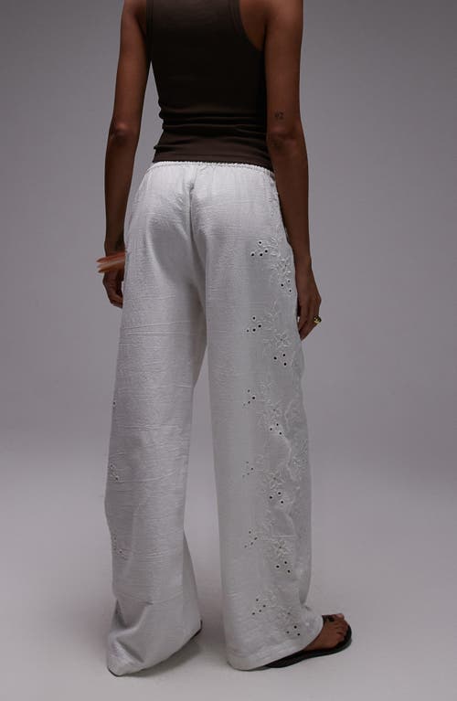 Topshop Eyelet Embroidered Wide Leg Cotton & Linen Drawstring Pants In White