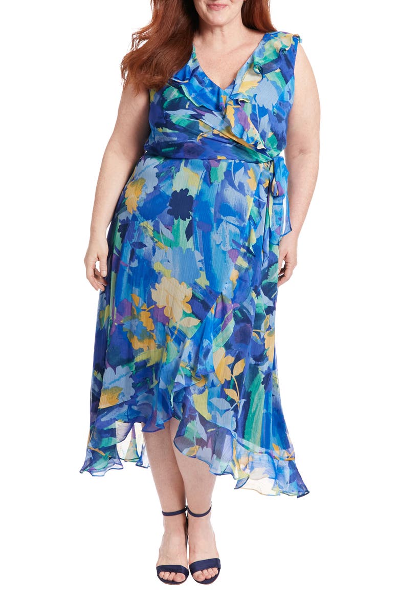 Floral Ruffle Sleeveless Faux Wrap Maxi Dress, Main, color, BLUE MULTI