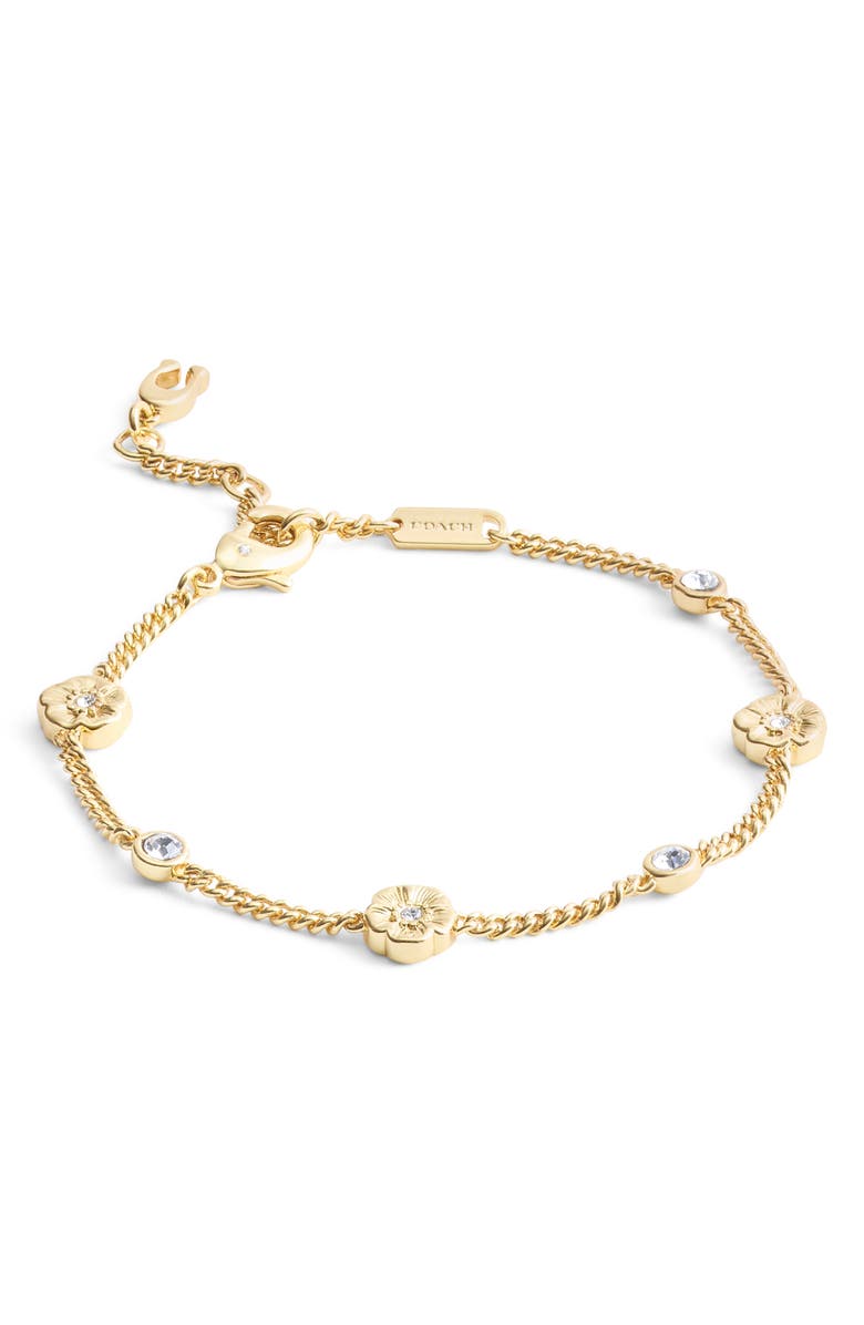 COACH Tea Rose & Crystal Station Bracelet, Alternate, color, Shiny Gold