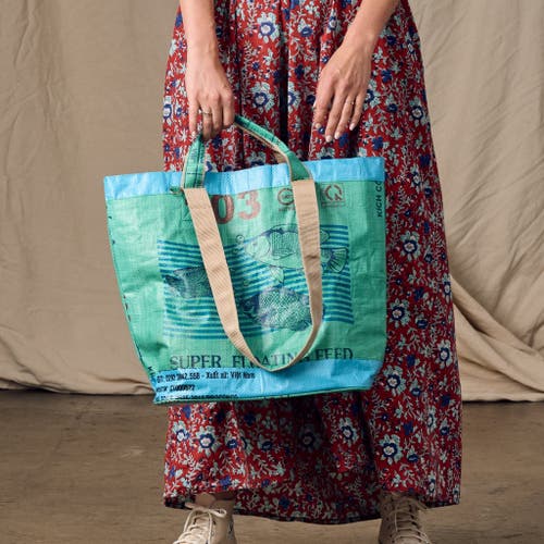 Ten Thousand Villages Trei Recycled Feed Bag Lined Tote In Blue