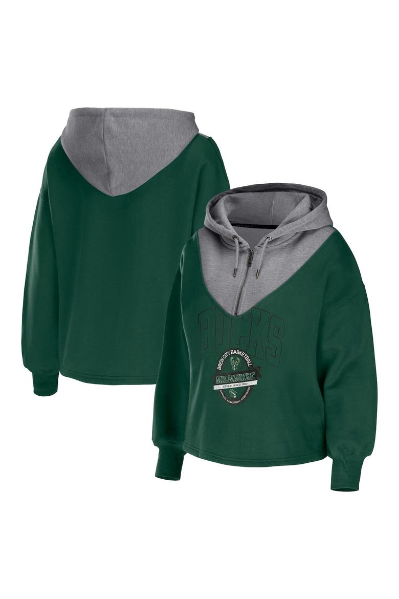 Women's WEAR by Erin Andrews Hunter Green Milwaukee Bucks Pieced Quarter-Zip Hoodie Jacket, Main, color, Hunter Green