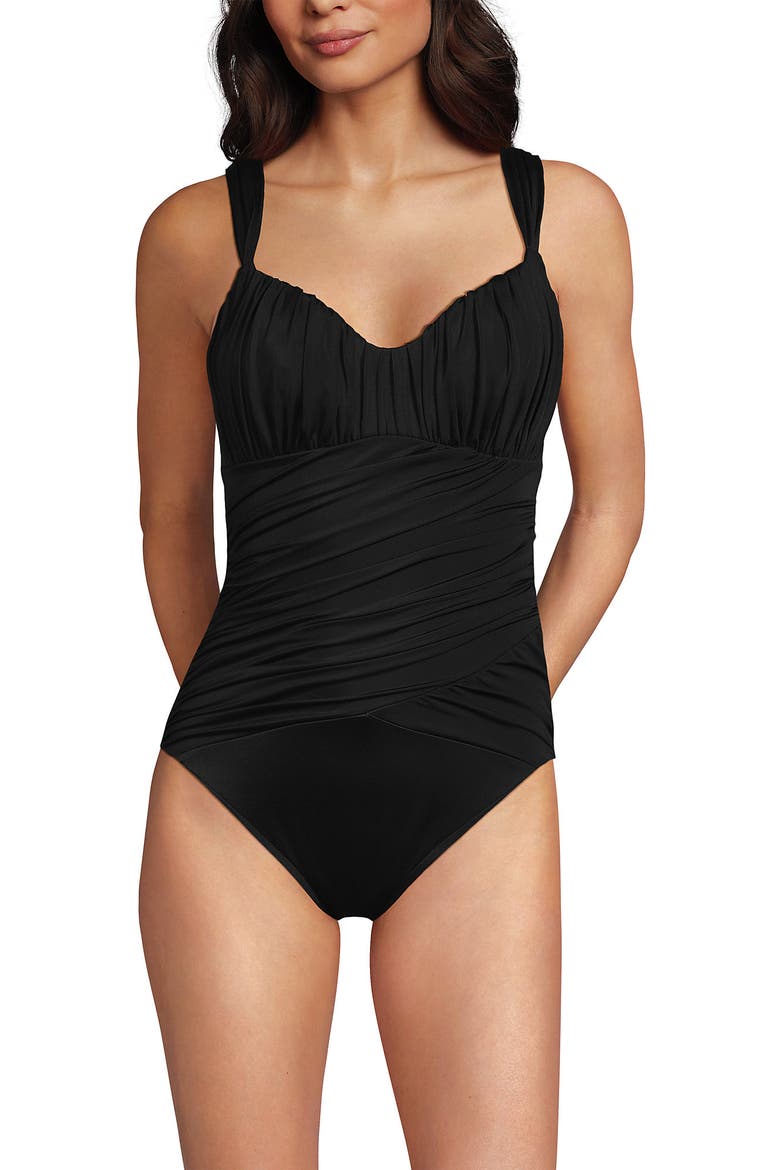 Smoothing Sweetheart Shirred One Piece, Alternate, color, Black