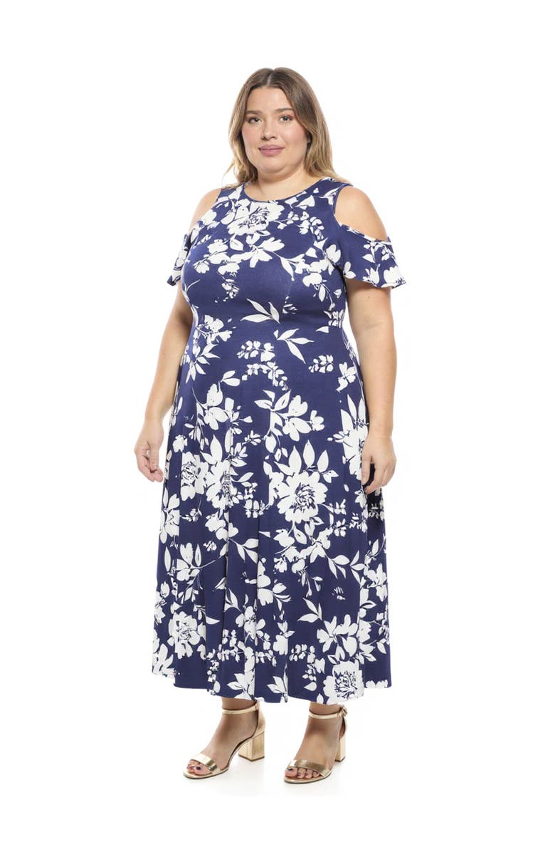 24seven Comfort Apparel Plus Size Floral Ruffle Sleeve Cold Shoulder A-Line Maxi Dress, Alternate, color, Navy Multi