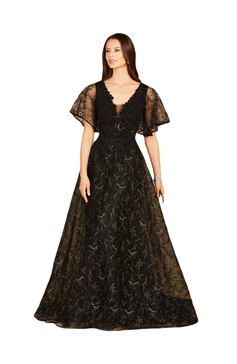LARA New York Cape Sleeve Beaded Gown in Black, Main, color,