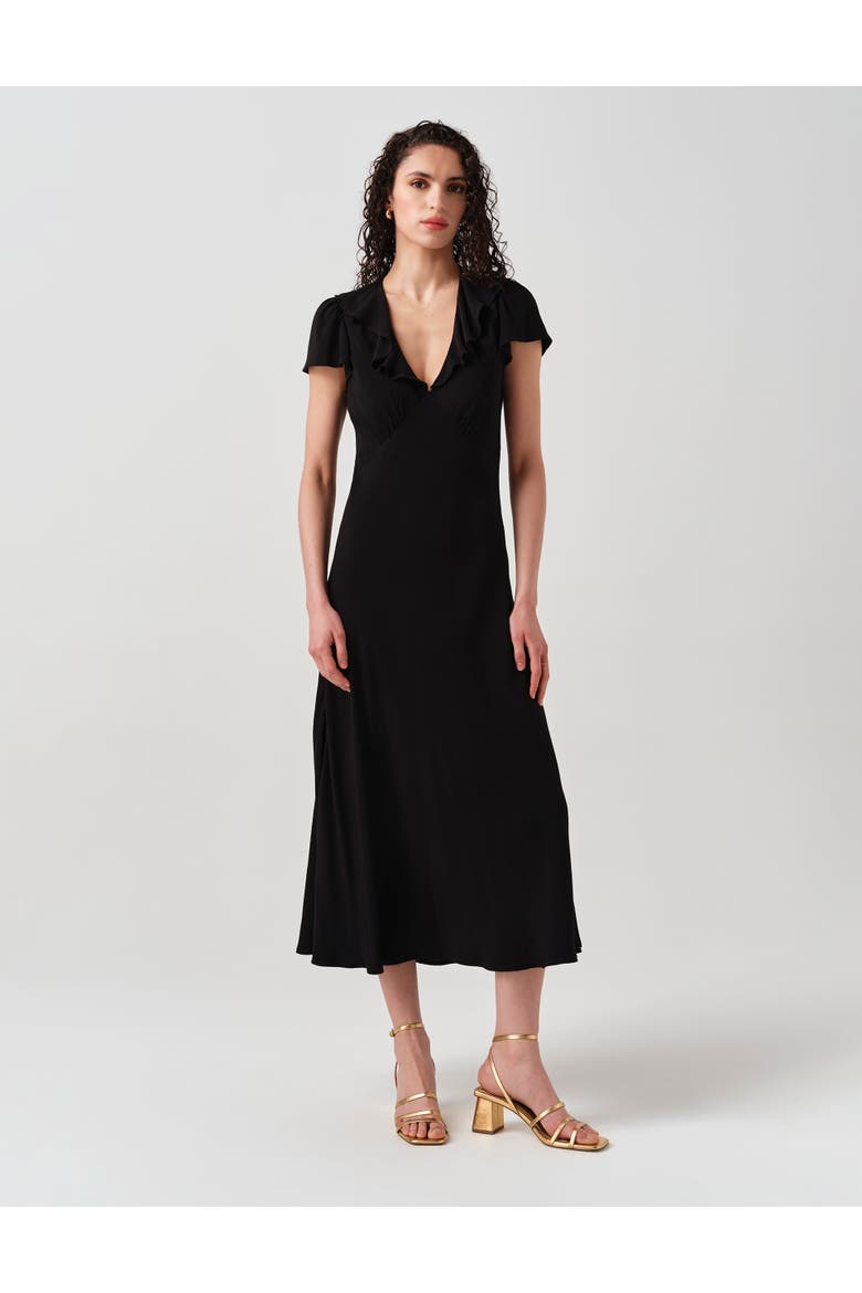 Kimmy Frill Neck Crepe Midi Dress, Main, color, Black