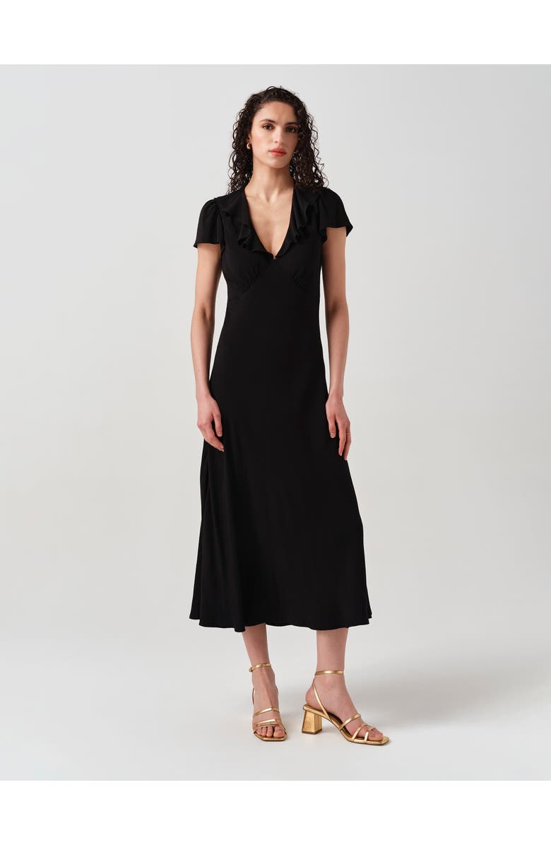 Ghost London Kimmy Frill Neck Crepe Midi Dress, Main, color, Black