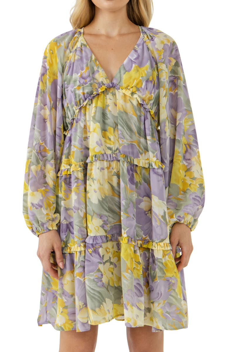 Free the Roses Voluminous Flowy Floral Print Long Sleeve Minidress, Alternate, color, Purple Multi
