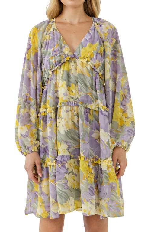 Free The Roses Voluminous Flowy Floral Print Long Sleeve Minidress In Purple Multi