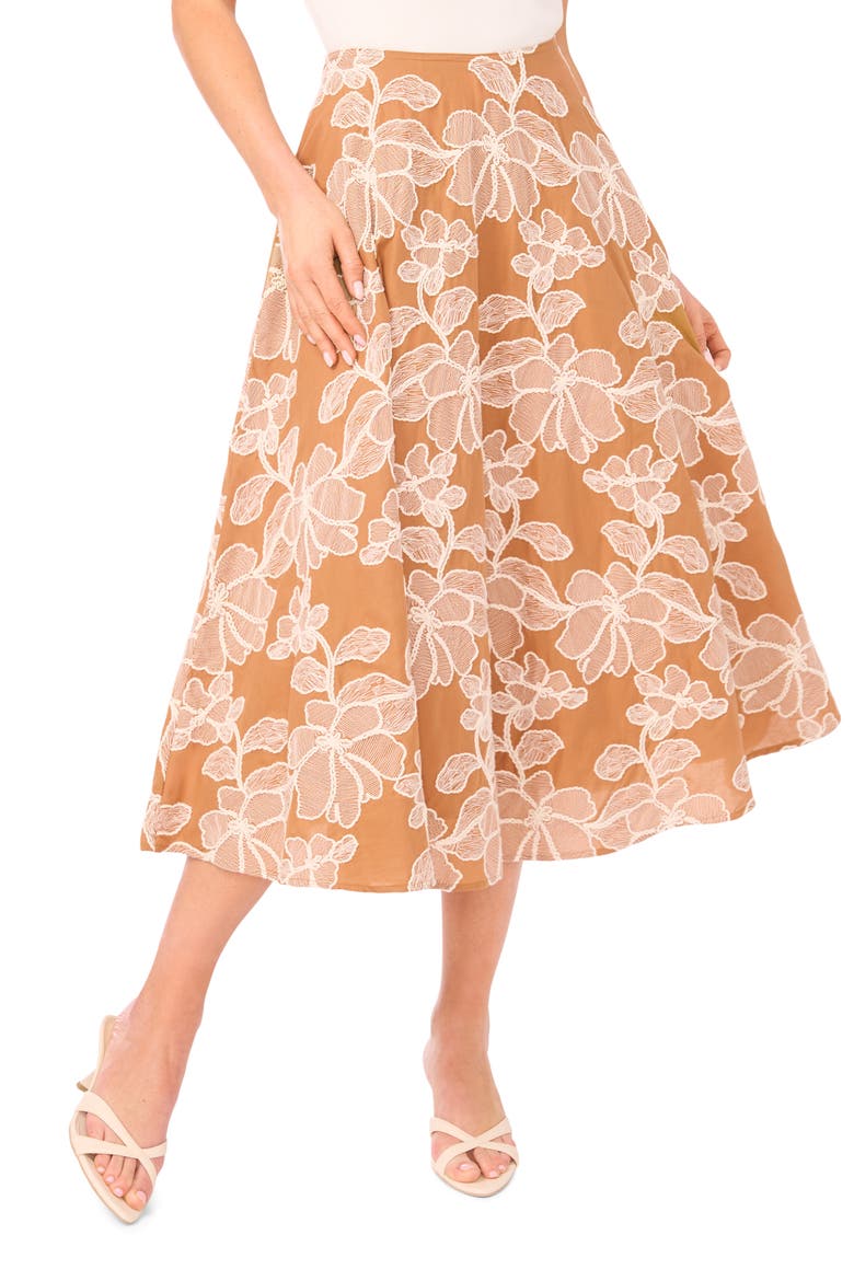 Ida Floral Embroidered Cotton Midi Skirt, Main, color, ALMOND