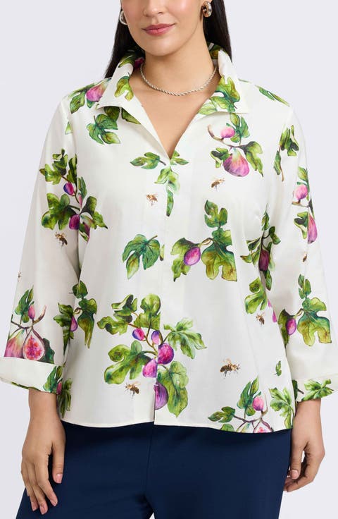 Agnes Figs Print Stretch Cotton Popover Top (Plus)