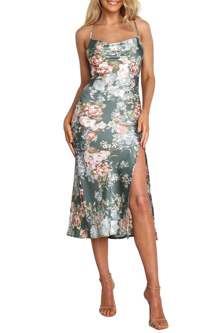 Marea Floral Tie Back Satin Midi Dress, Main, color, GREEN