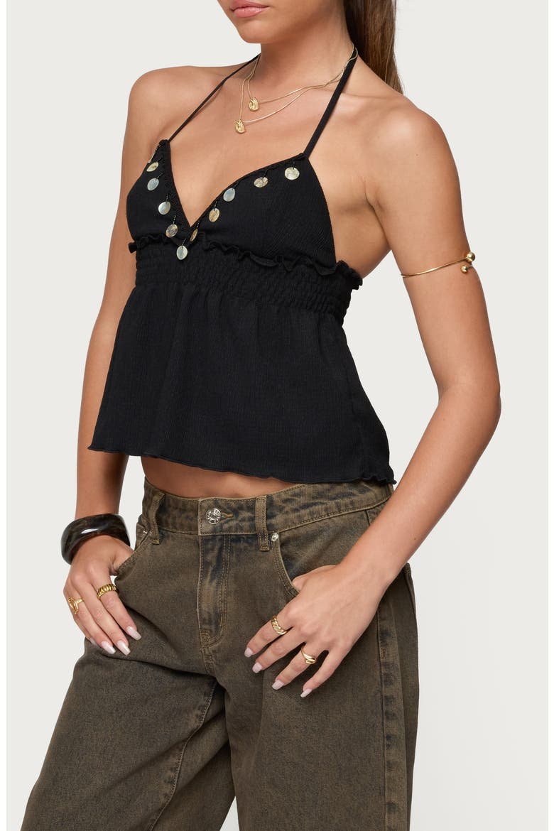 Pailette Sequin Halter Crop Top, Alternate, color, BLACK