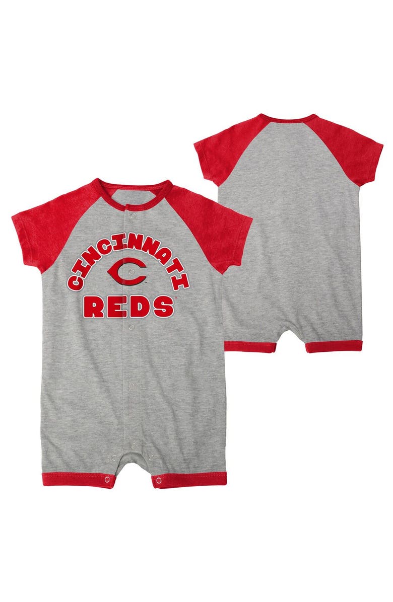 Outerstuff Infant  Heather Gray Cincinnati Reds Extra Base Hit Raglan Full-Snap Romper, Main, color, 
