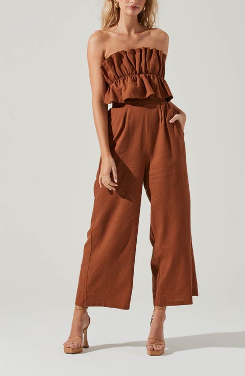 Ruffle Bodice Tie Back Strapless Cotton & Linen Jumpsuit