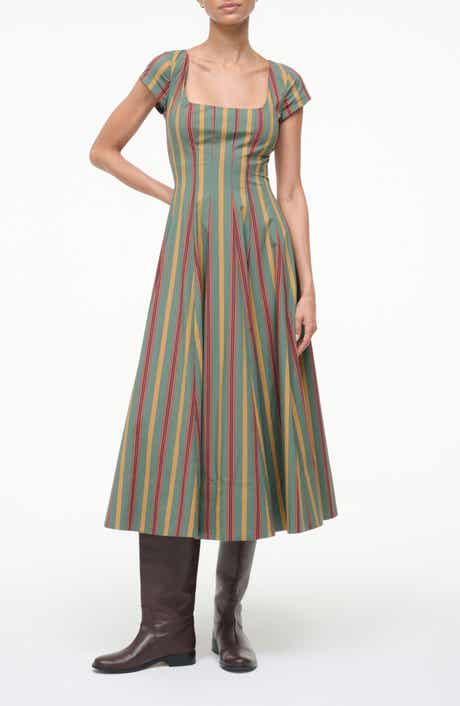 STAUD Wells Stripe Stretch Cotton Midi Dress