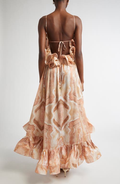 Zimmermann Illuminate Printed Ruffled Silk-satin Gown In Guava Agate