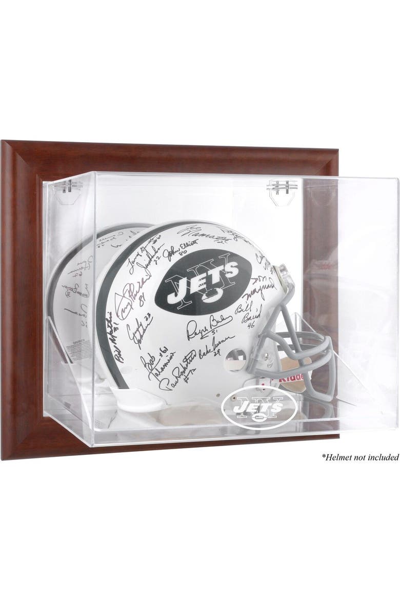 New York Jets Throwback Logo 1998 - 2018 Brown Framed Wall-Mountable Logo Helmet Case, Main, color, Brown