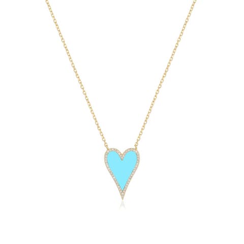 Elongated Turquoise CZ Halo Heart Necklace