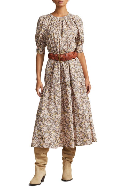 Floral Puff Sleeve Cotton Midi Dress