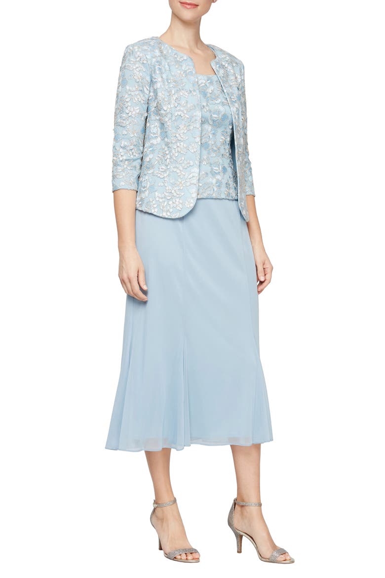 Lace Bodice Midi Dress with Jacket, Main, color, LIGHT BLUE