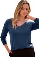 Roaman's Plus Size Drop Needle V Neck Lightweight Sweater Knit