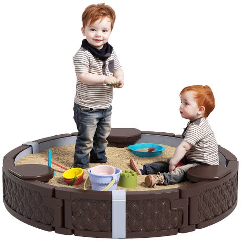 Kids Sandbox with Cover, Built-in Seating & Bottom Liner
