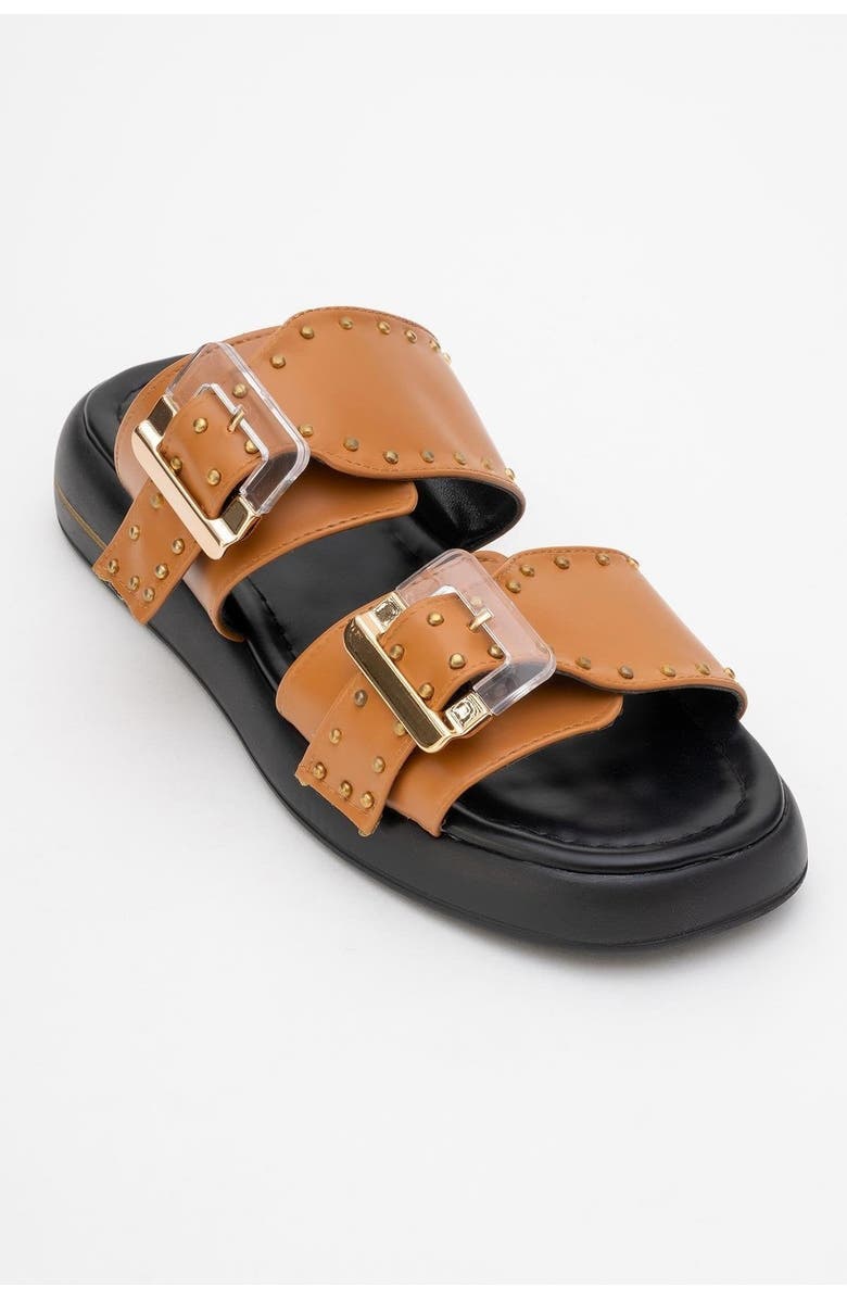 Prologue Shoes Zley Buckle Sandal, Main, color, Cognac Faux Leather