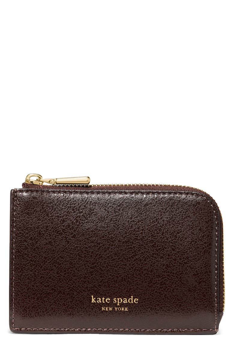 mini glazed leather zip card case, Main, color, HOT FUDGE