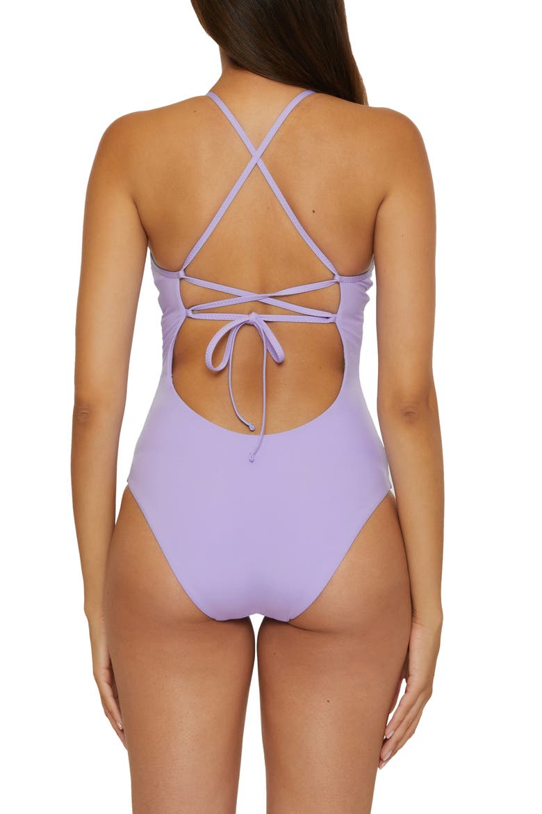 Fiesta Plunge One-Piece Swimsuit, Alternate, color, BELLFLOWER