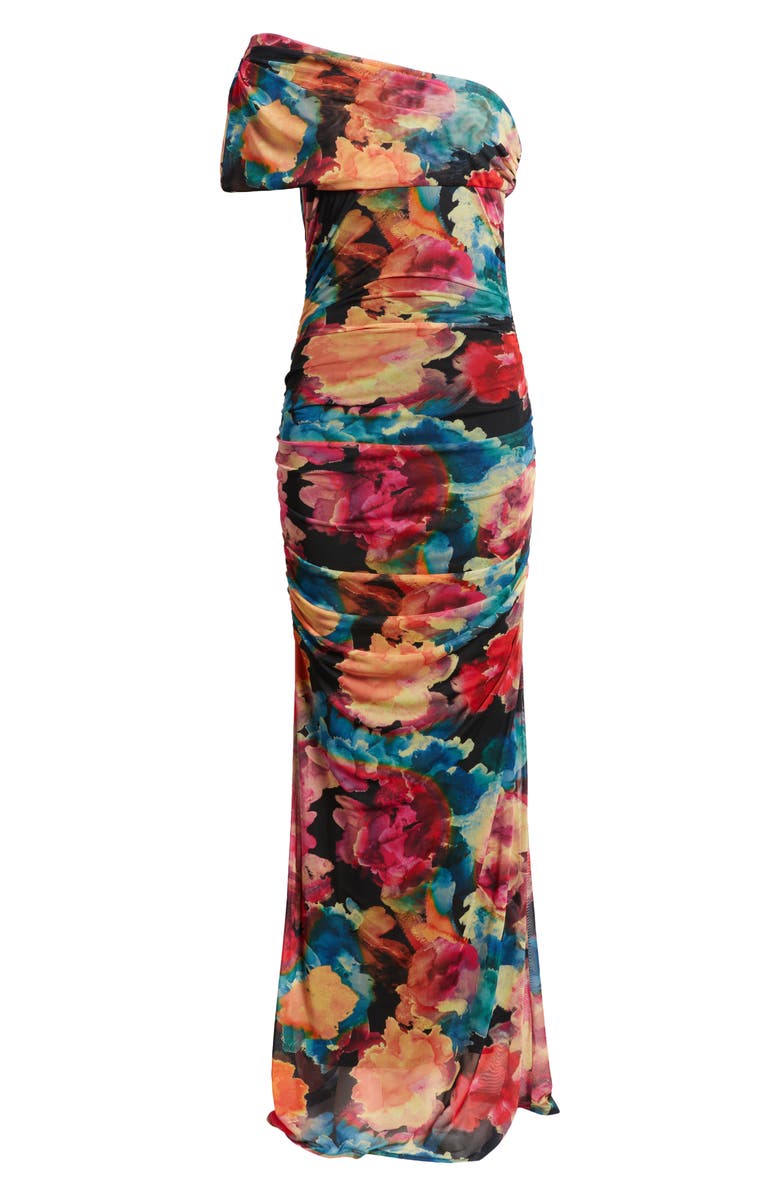 Black Halo Rosario Ruched One-Shoulder Maxi Dress, Alternate, color, Rainbow Canvas