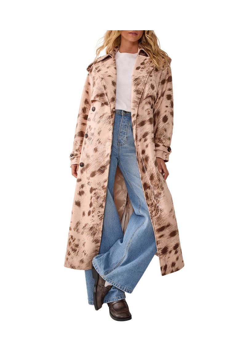 Cow Print Faux Leather Trench Coat, Alternate, color, Cream