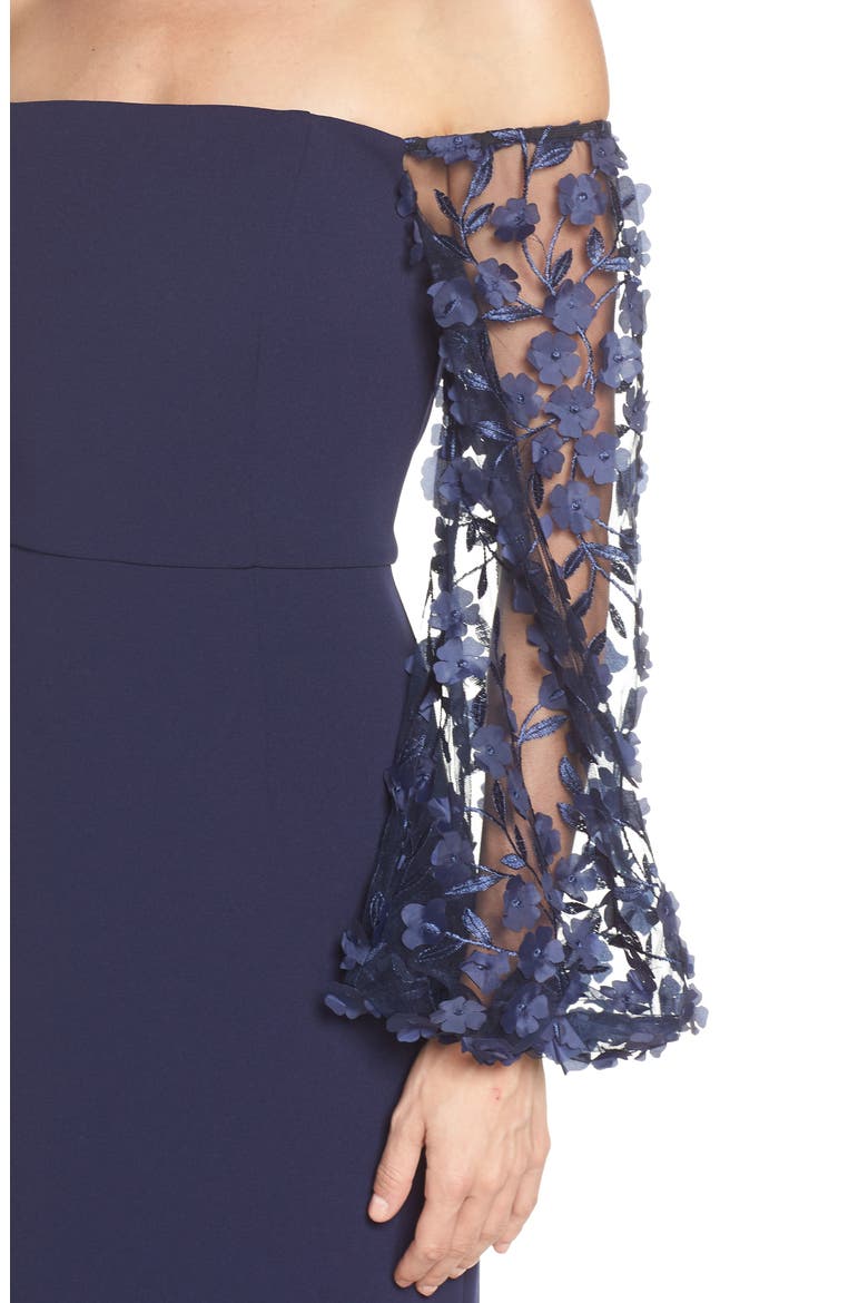 Floral Appliqué Long Sleeve Off the Shoulder Gown, Alternate, color, NAVY