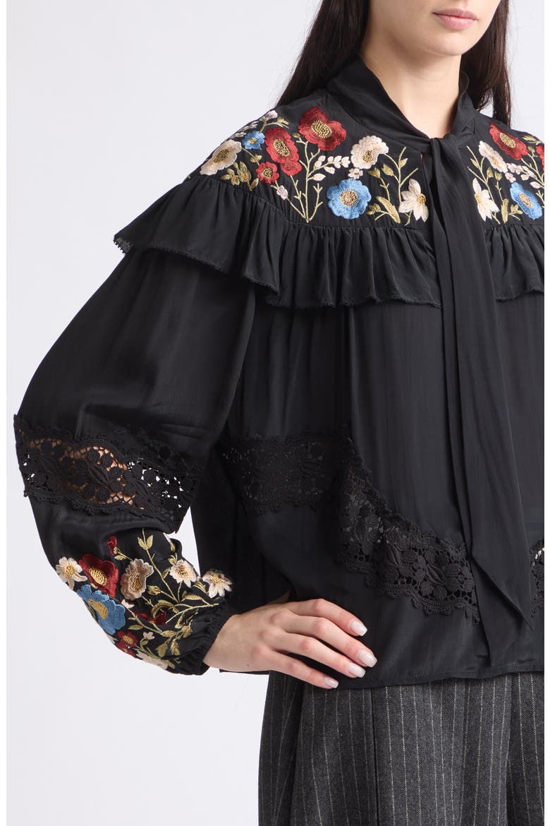 Ruwa Embroidered Tie Neck Top, Alternate, color, BLACK