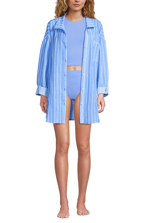 Lands' End Oversized Gauze Button Front Cover-up Shirt In Blue