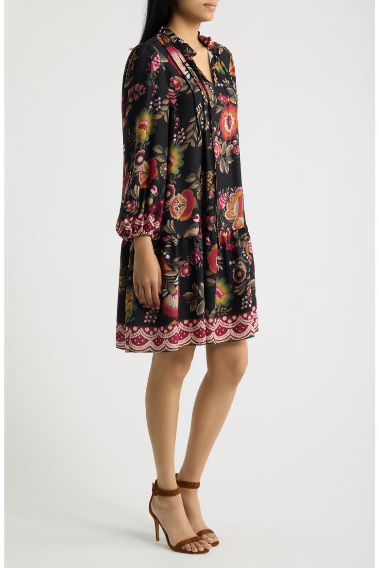 Floral Print Split Neck Dress, Alternate, color, BLACK MULTI