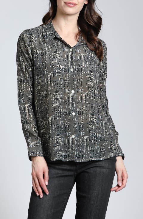 Abstract Print Roll Tab Sleeve Chiffon Button-Up Shirt