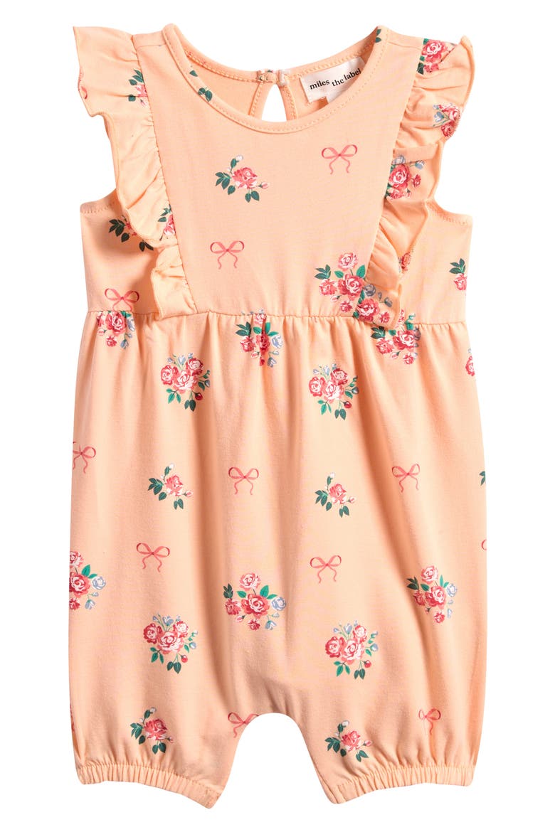 Bows & Bouquets Ruffle Stertch Organic Cotton Romper, Main, color, PEACH