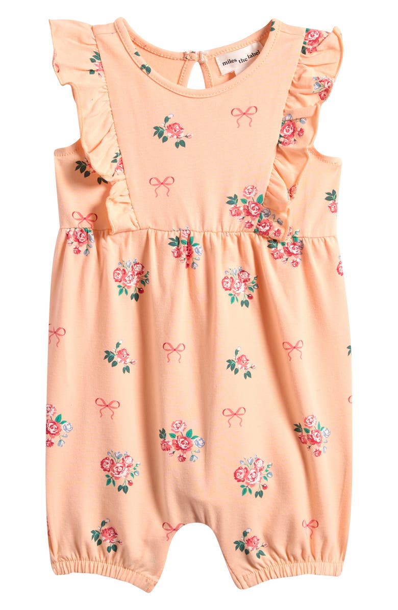 miles Bows & Bouquets Ruffle Stertch Organic Cotton Romper, Main, color, Peach
