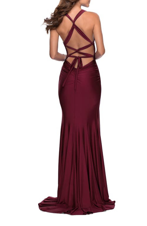 La Femme Sleek Prom Dress With Deep V-neckline And Tie Back In Dark Berry
