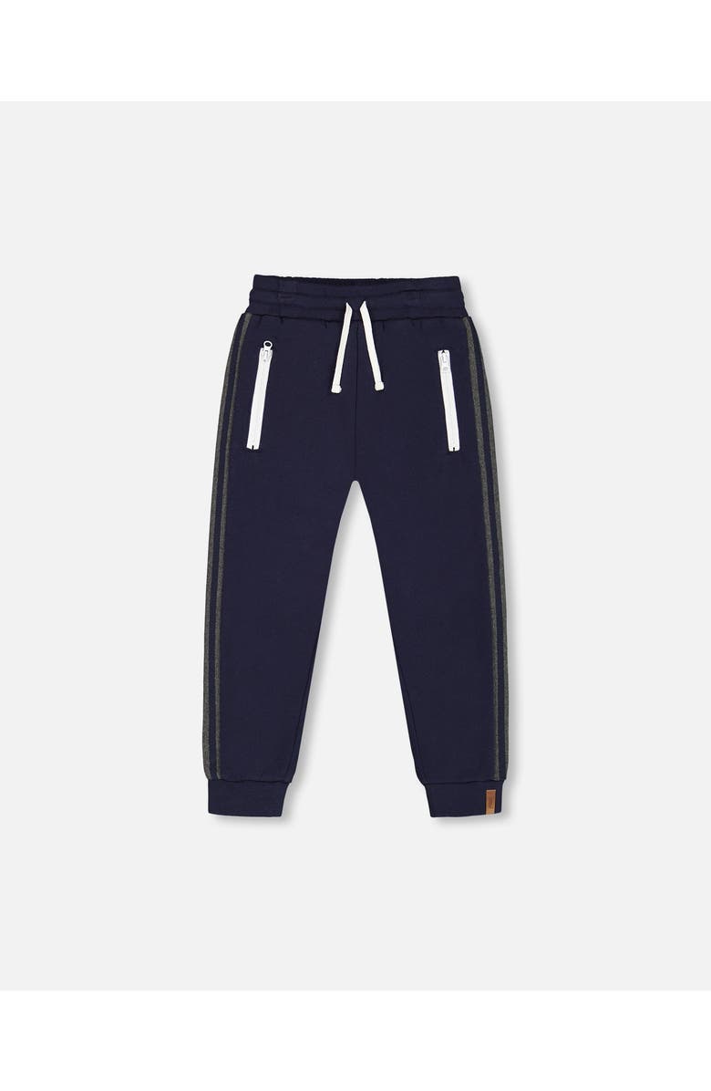 Deux par Deux Little Boy's Fleece Sweatpants With Contrast Side Rib Navy, Main, color, 