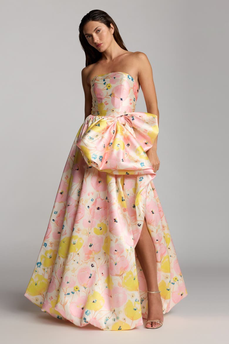 Mikado Strapless Bubble Hem Ballgown With Bow, Alternate, color, Pink Multi