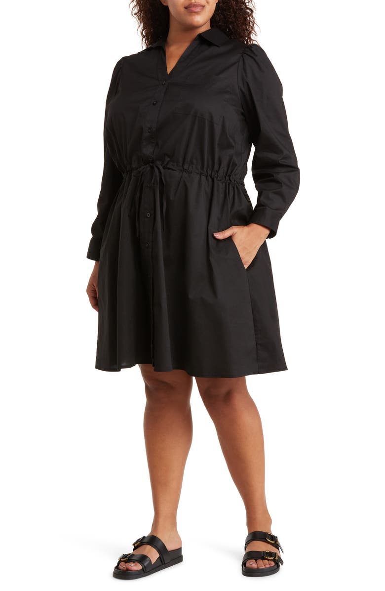 BY DESIGN Adira Long Sleeve Poplin Midi Shirtdress, Main, color, Black