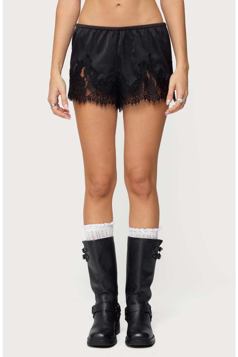 Reisa Lace & Satin Shorts, Main, color, BLACK