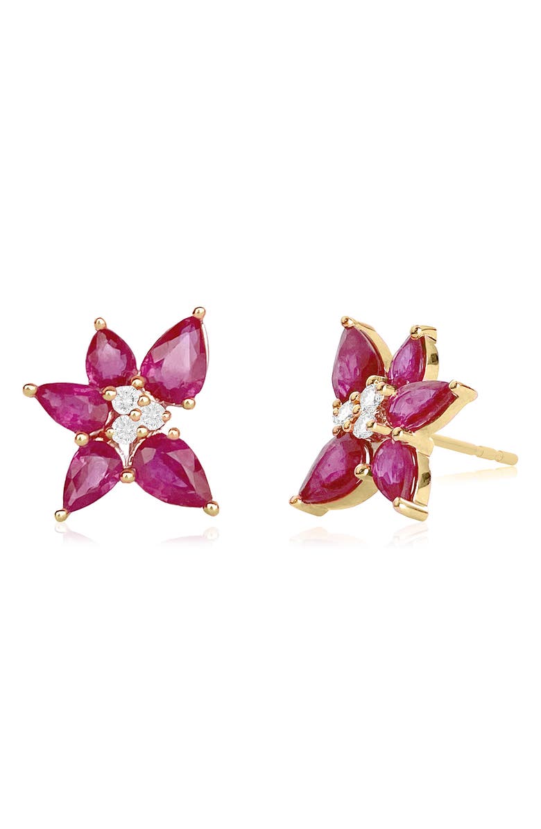 EF Collection Diamond Trio & Ruby Cluster Stud Earrings, Main, color,