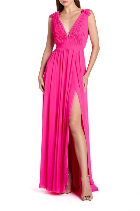 Women's Sleeveless Pleated Chiffon V-Neck Gown